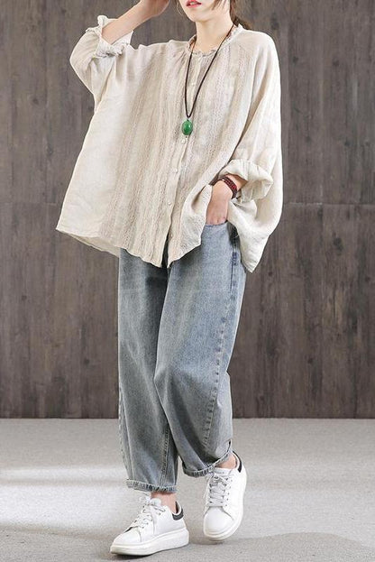 Limited Stock- Lotstrends 100% Linen Stripe Hand-made Loose Shirt
