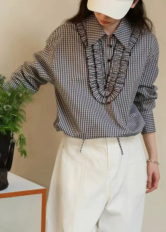 Loose Black Plaid Ruffled Cotton Blouses Fall