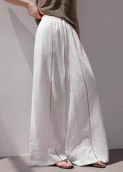Handmade Beige Elastic Waist Patchwork Wide Leg Pants Spring
