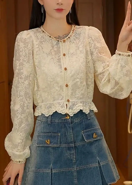 French Apricot O-neck Nail Bead Lace Shirt Top Fall