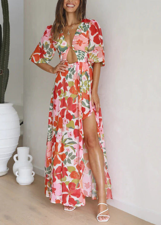 Stylish Red V Neck Print Side Open Cotton Dress Summer