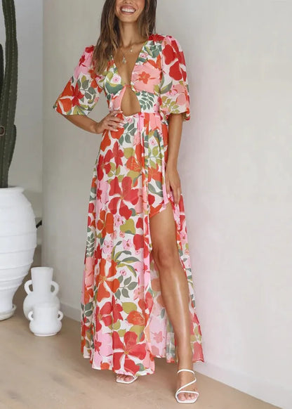 Stylish Red V Neck Print Side Open Cotton Dress Summer