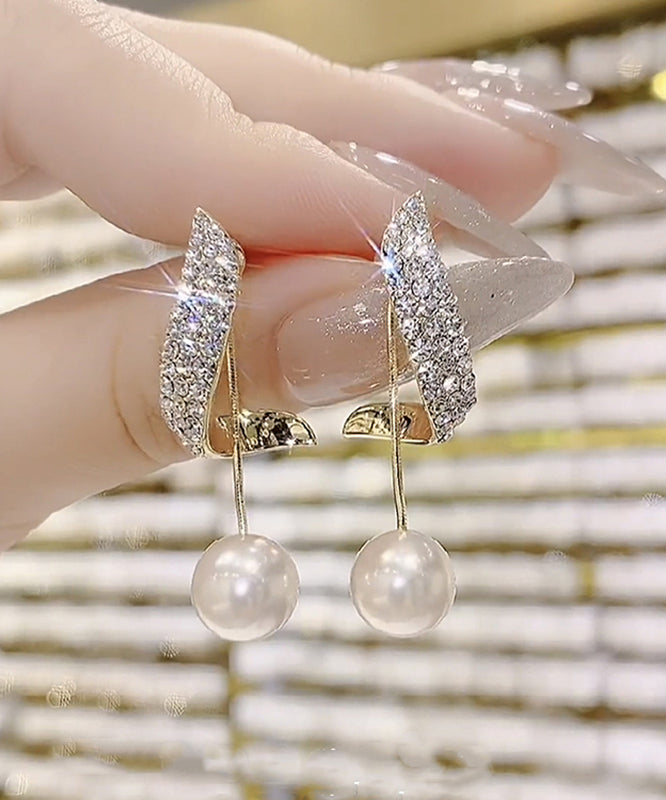 White Sterling Silver Alloy Zircon Pearl Tassel Drop Earrings