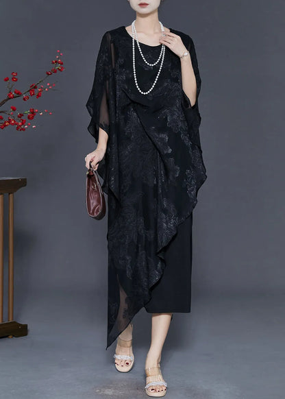 Black Cold Shoulder Jacquard Silk Dresses Summer