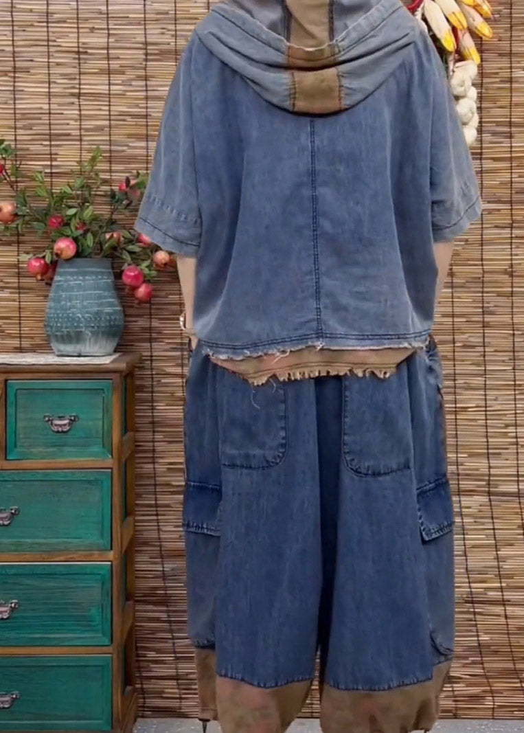 Blue Patchwork Hooded Top and Wide Leg Pants Two Pieces Set Summer