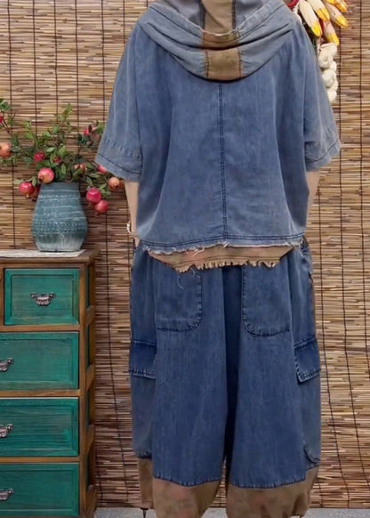 Blue Patchwork Hooded Top and Wide Leg Pants Two Pieces Set Summer