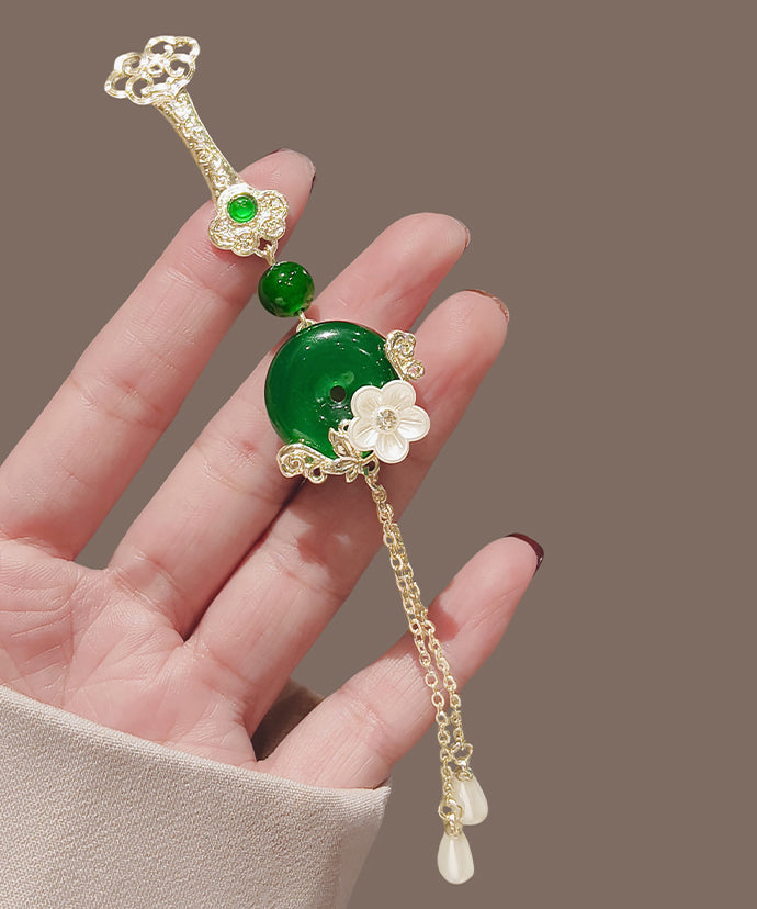 Novelty Green Alloy Jade Ping Buckle Tassel Brooches