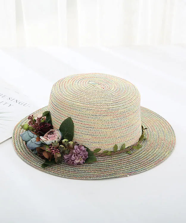 Japanese Vacation Style Flower Flat Top Straw Woven Hat