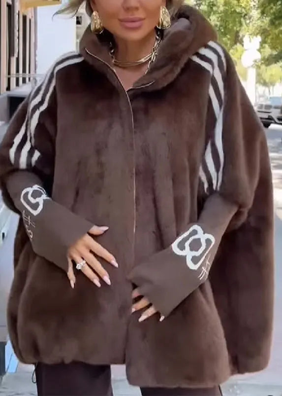 Brown Zippered Patchwork Faux Fur Hoodie Coat Winter
