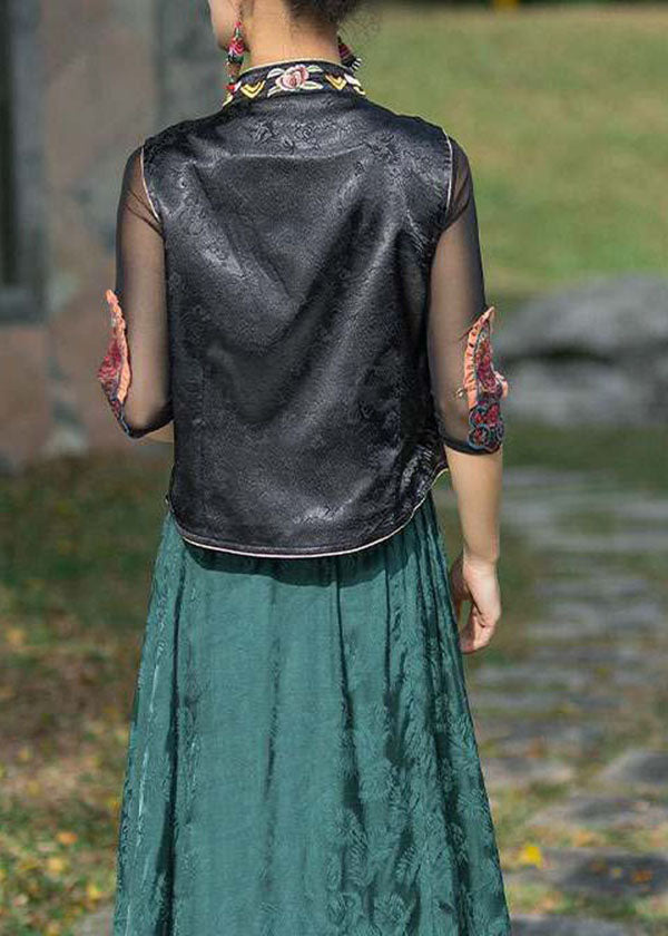 Black Stand Collar Embroidered Patchwork Silk Vest Sleeveless