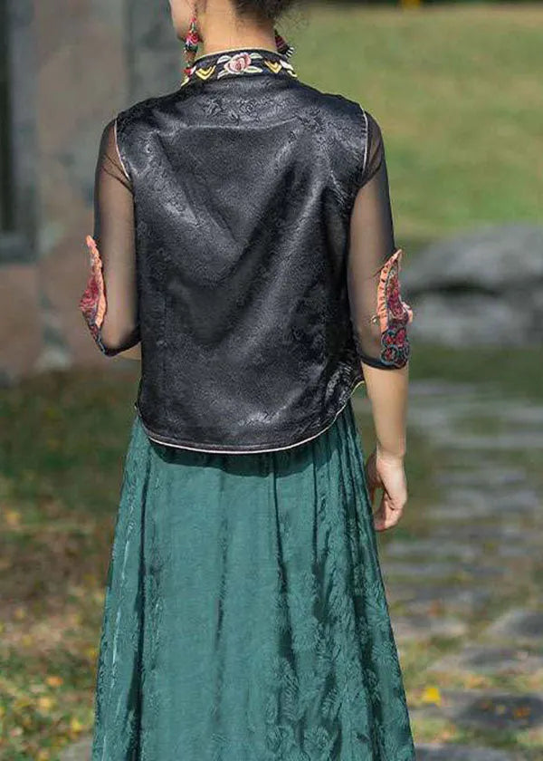 Black Stand Collar Embroidered Patchwork Silk Vest Sleeveless