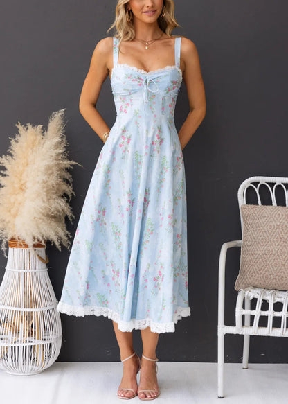 Slim Fit Light Blue Print Cotton Spaghetti Strap Dresses Summer