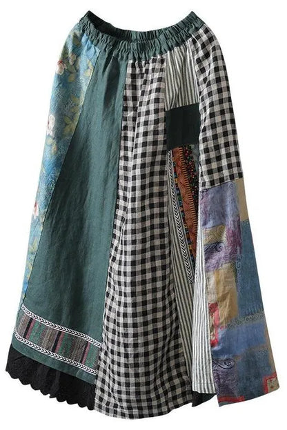 Limited Stock- Irregular Print Spliced 100% Linen A-line Skirt