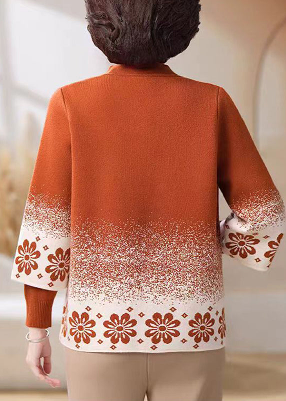 Orange Stand Collar Button Cotton Knit Cardigans and Sweater Two-piece Set Fall