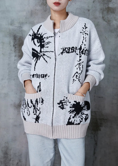 Grey Oversized Print Knit Cardigans Winter