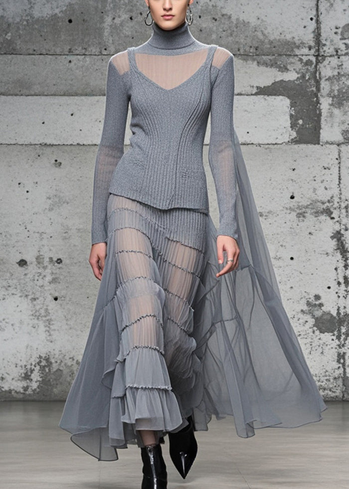Grey High Neck Patchwork Exra Large Hem Knit Long Dress Fall