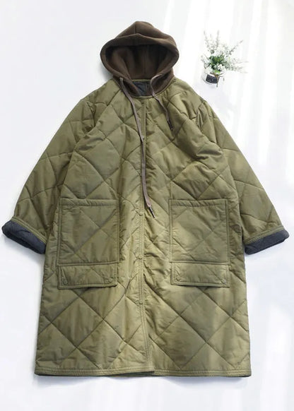 Army Green Pockets Fine Cotton Filled Hooded Coat Fall