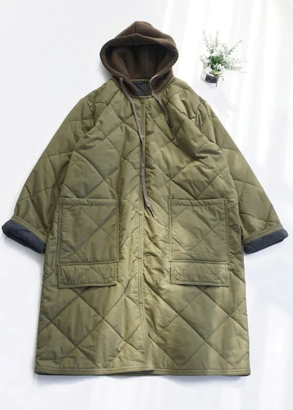 Army Green Pockets Fine Cotton Filled Hooded Coat Fall