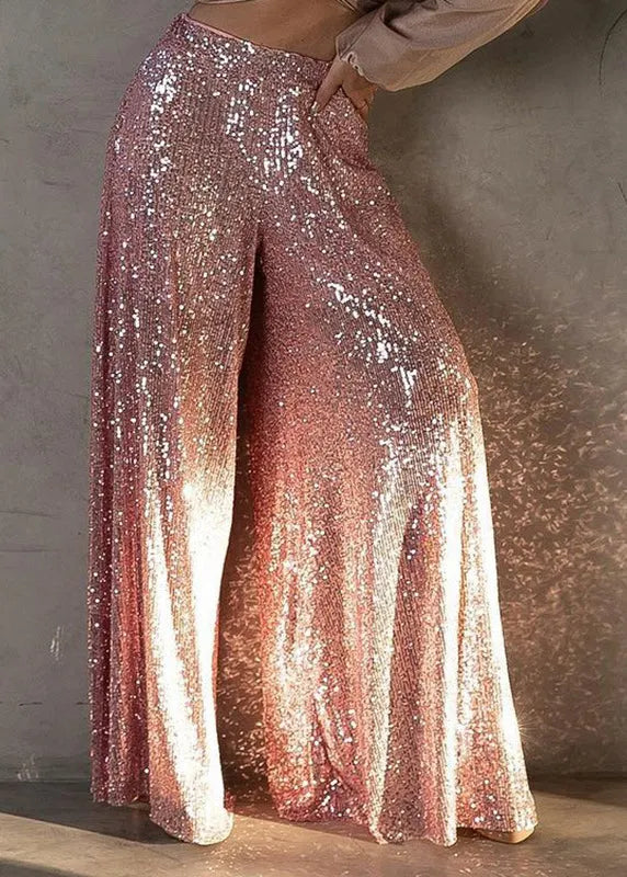 Silver Sequined High Waisted Wide Leg Pants Summer