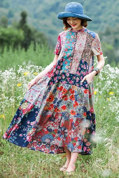 Print Splicing Short Sleeve 100% Cotton Dress