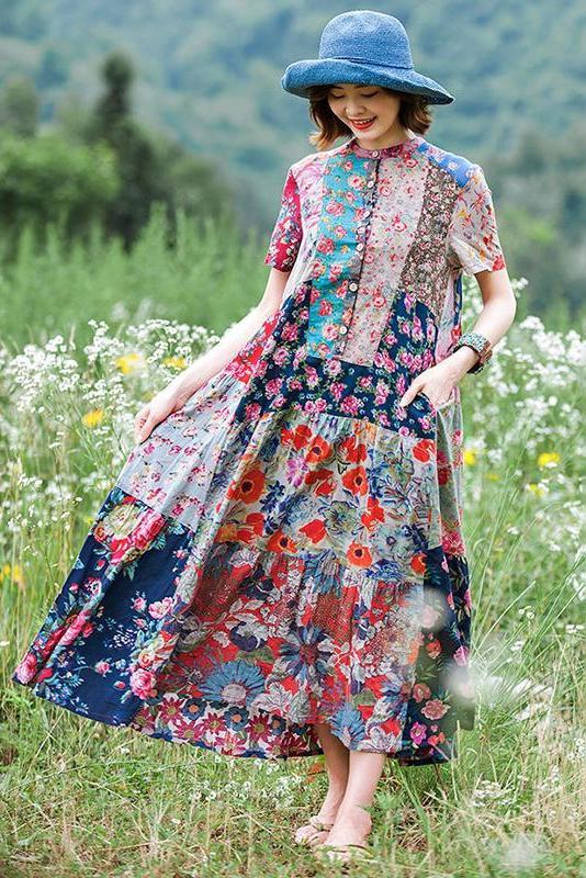 Print Splicing Short Sleeve 100% Cotton Dress