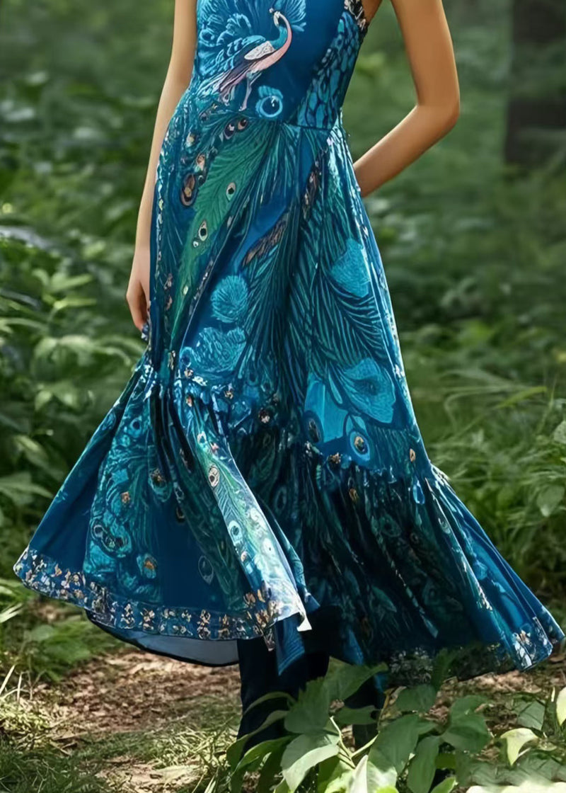 Peacock Blue Print Exra Large Hem Cotton Cami Dresses Summer