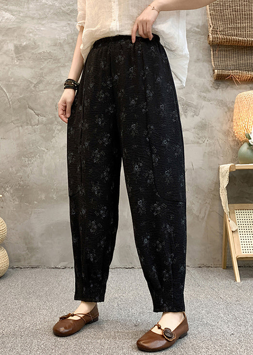 Black Print Elastic Waist Cotton Crop Pants Summer