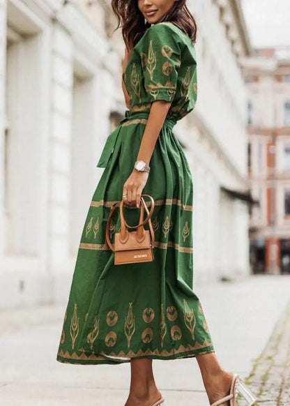 Stylish Green Stand Collar Print Tie Waist Cotton Dress Summer