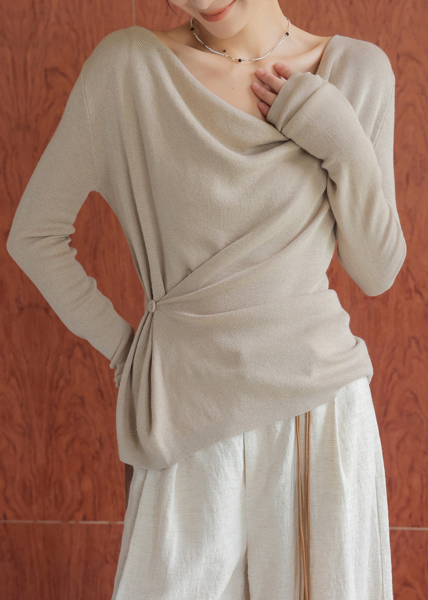 Oat Colored Collar Wool Knitted Top Spring