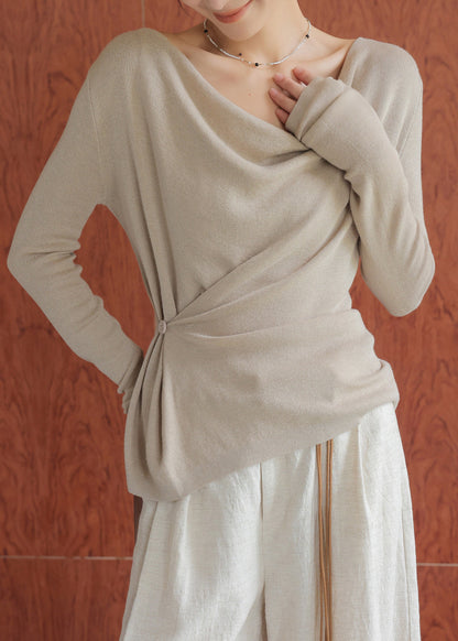 Oat Colored Collar Wool Knitted Top Spring
