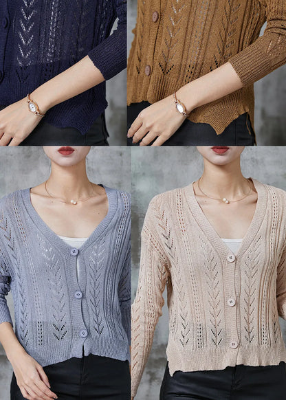 Coffee V Neck Hollow Out Knit Cardigans Spring