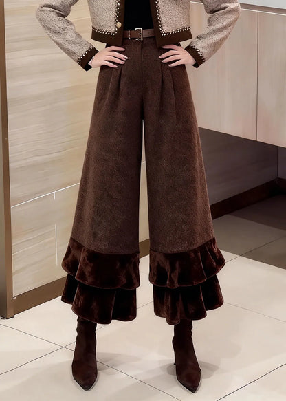 Coffee Ruffled Patchwork High Waist Woolen Crop Pants Winter