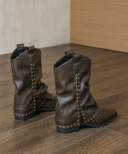 Classy Rivet Splicing Chunky Boots Black Faux Leather