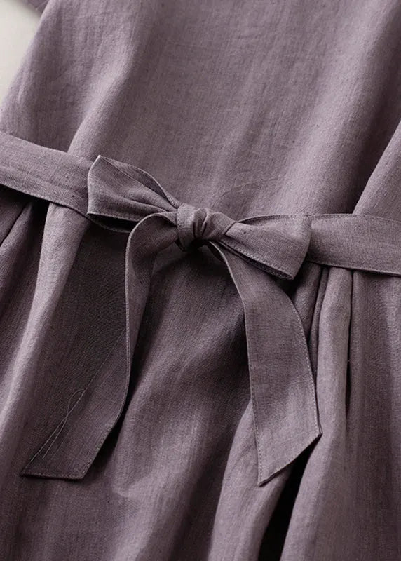 Purple O Neck Tie Waist Pockets Linen Long Dress Summer