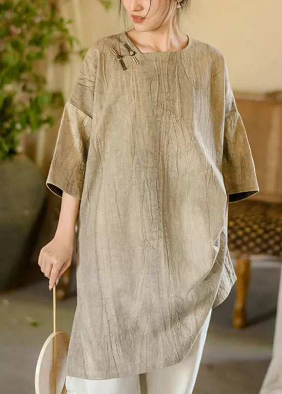 Beige O Neck Chinese Button Linen Mid Dress Bracelet Sleeve