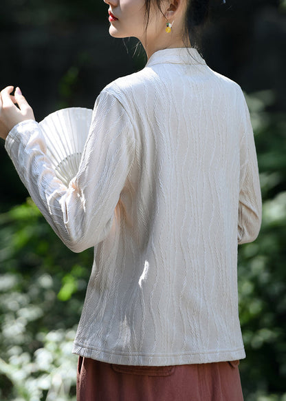 Unique Beige Stand Collar Lace Up Cotton Top Spring