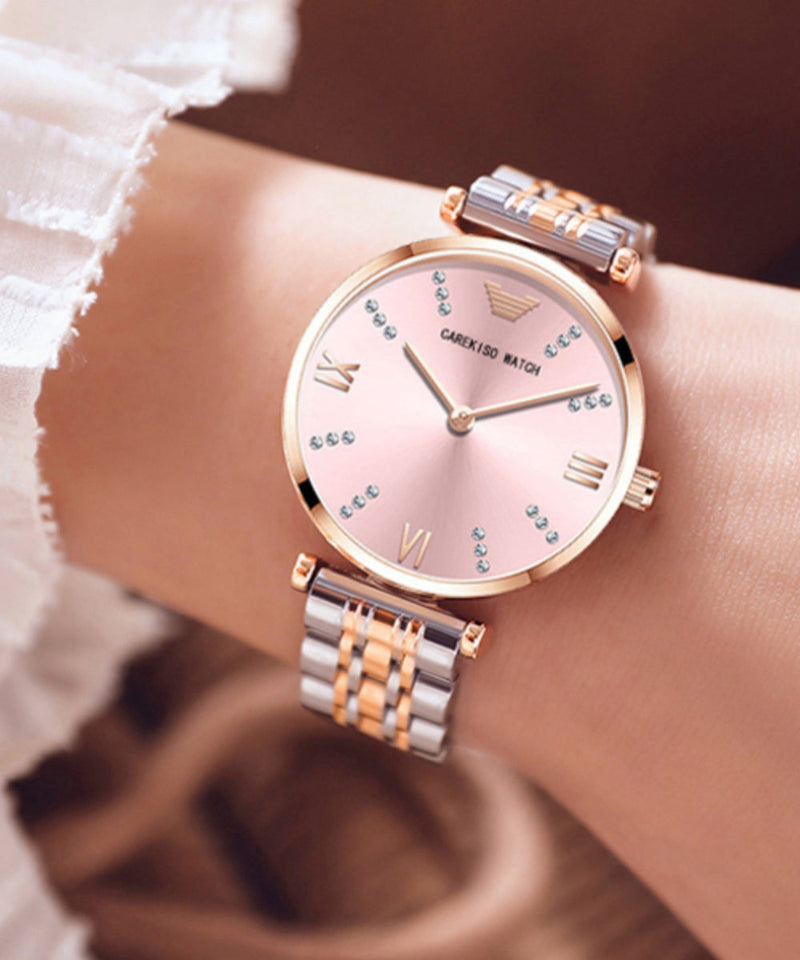 Gold White Stainless Steel Zircon Tempered Glass Watch