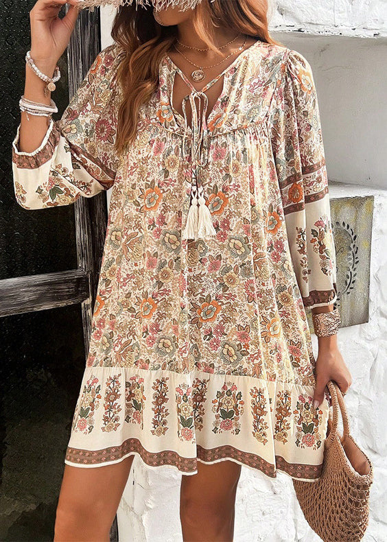 Loose Apricot Print Lace Up Cotton Mid Dress Summer
