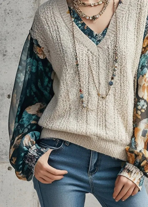 Beige V Neck Patchwork Print Fake Two Piece Knit Shirts Fall