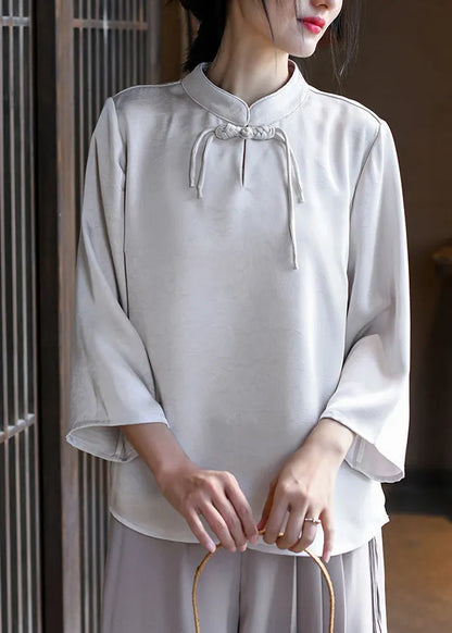 Loose White Stand Collar Tassel Silk Top Spring