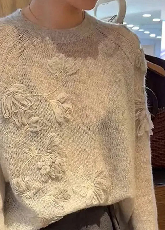 Fine Beige Embroidered Cotton Knit Sweaters Spring