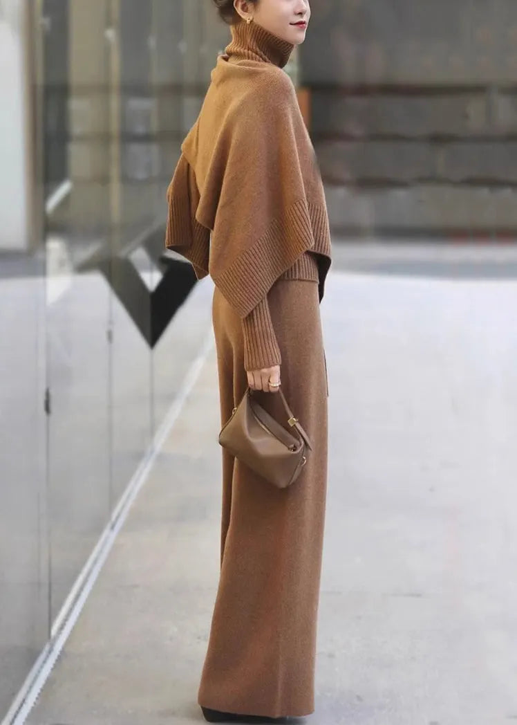 Khaki Turtleneck Knit Two Pieces Set Winter