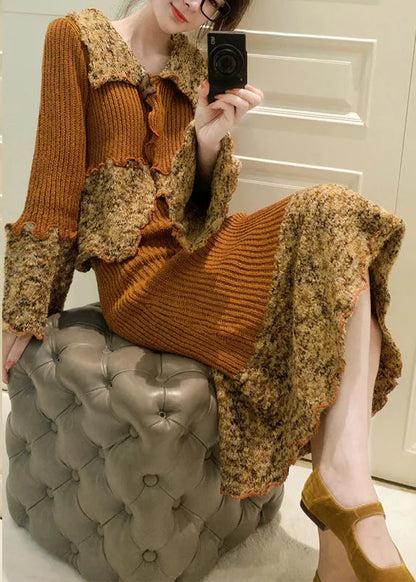 French Peter Pan Collar Print Patchwork Cotton Knit Cardigans and Maxi Skirts Two Pieces Set Fall