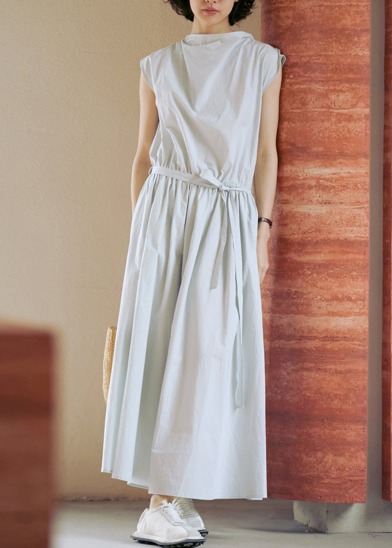 Grey Lace Up Pockets Cotton Dress Sleeveless