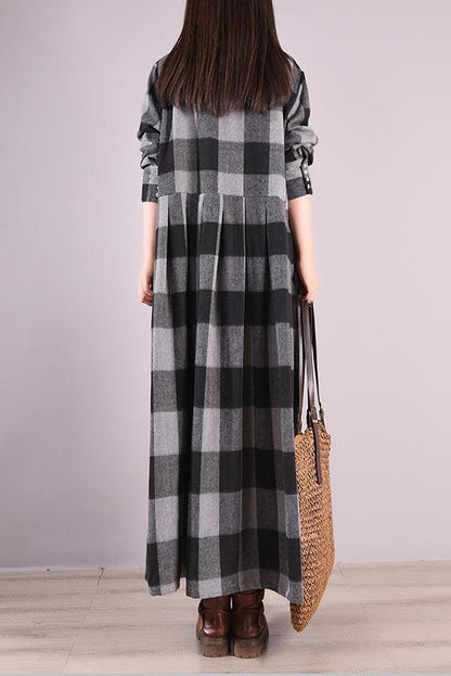 -fall Plaid Fold Patchwork Cotton Dress