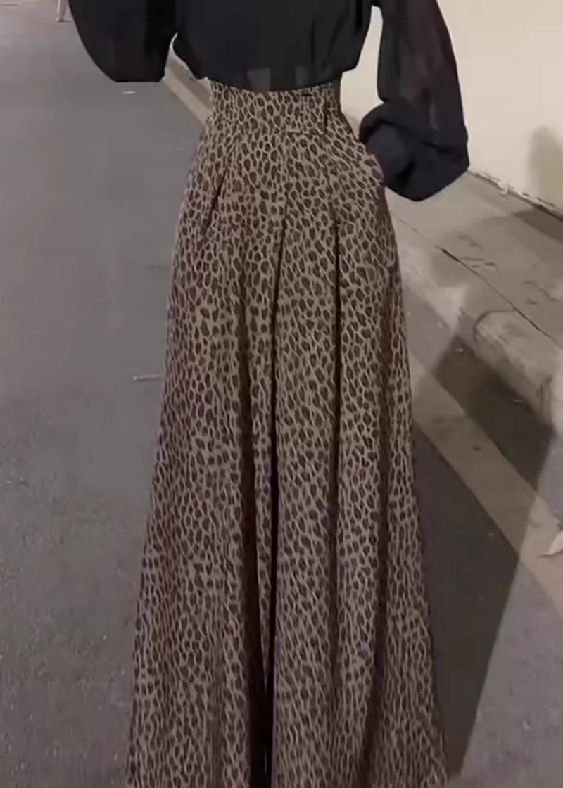 Leopard Pockets High Waist Cotton Wide Leg Pants Fall