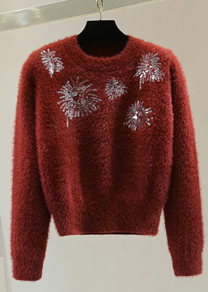 Natural White O-neck Sequins Thick Cotton Knit Sweater Winter