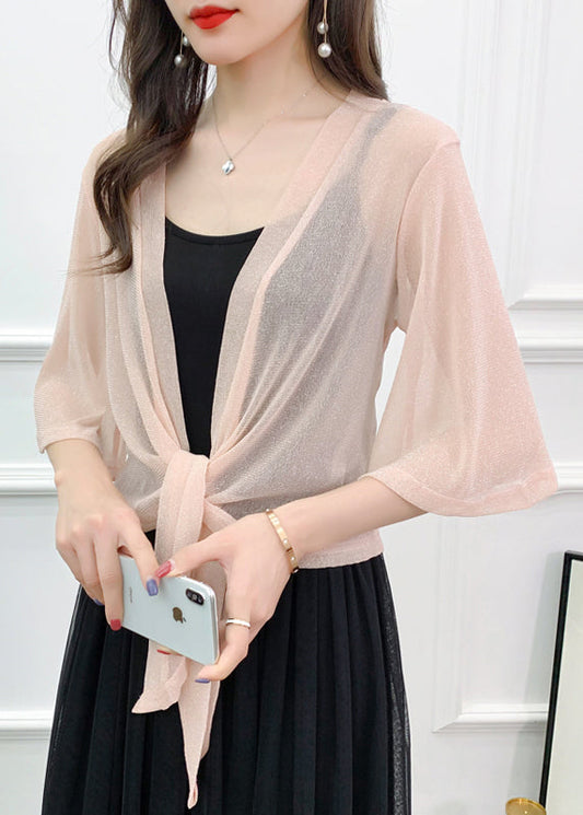 Pink Bright Silk Lace Up Tulle Cardigan Summer