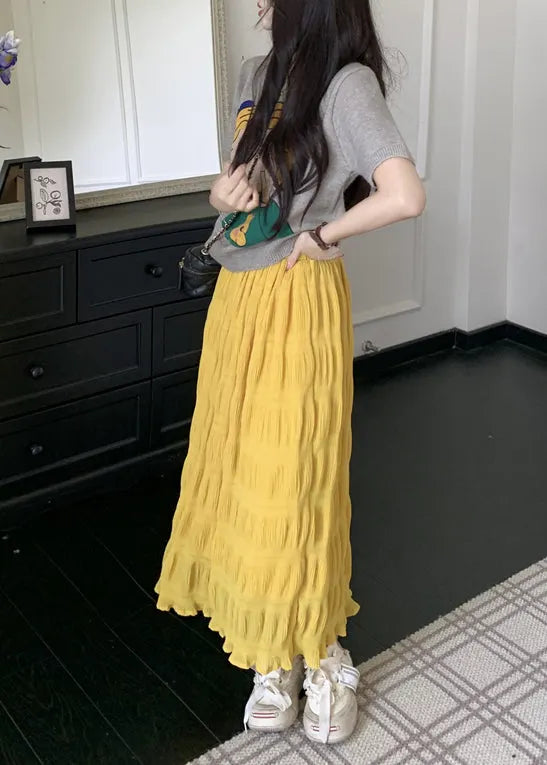 Yellow Elastic Waist Wrinkled Cotton Skirt Summer