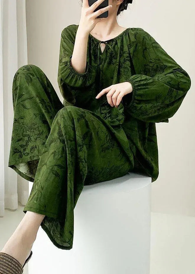 Green Print Lace Up Cotton Pajamas Two Pieces Set Fall